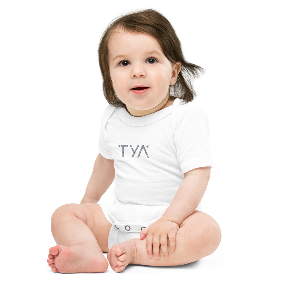 Tya Baby Short Sleeve Onesie in Grey Embroidery