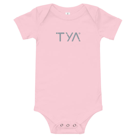 Tya Baby Short Sleeve Onesie in Grey Embroidery